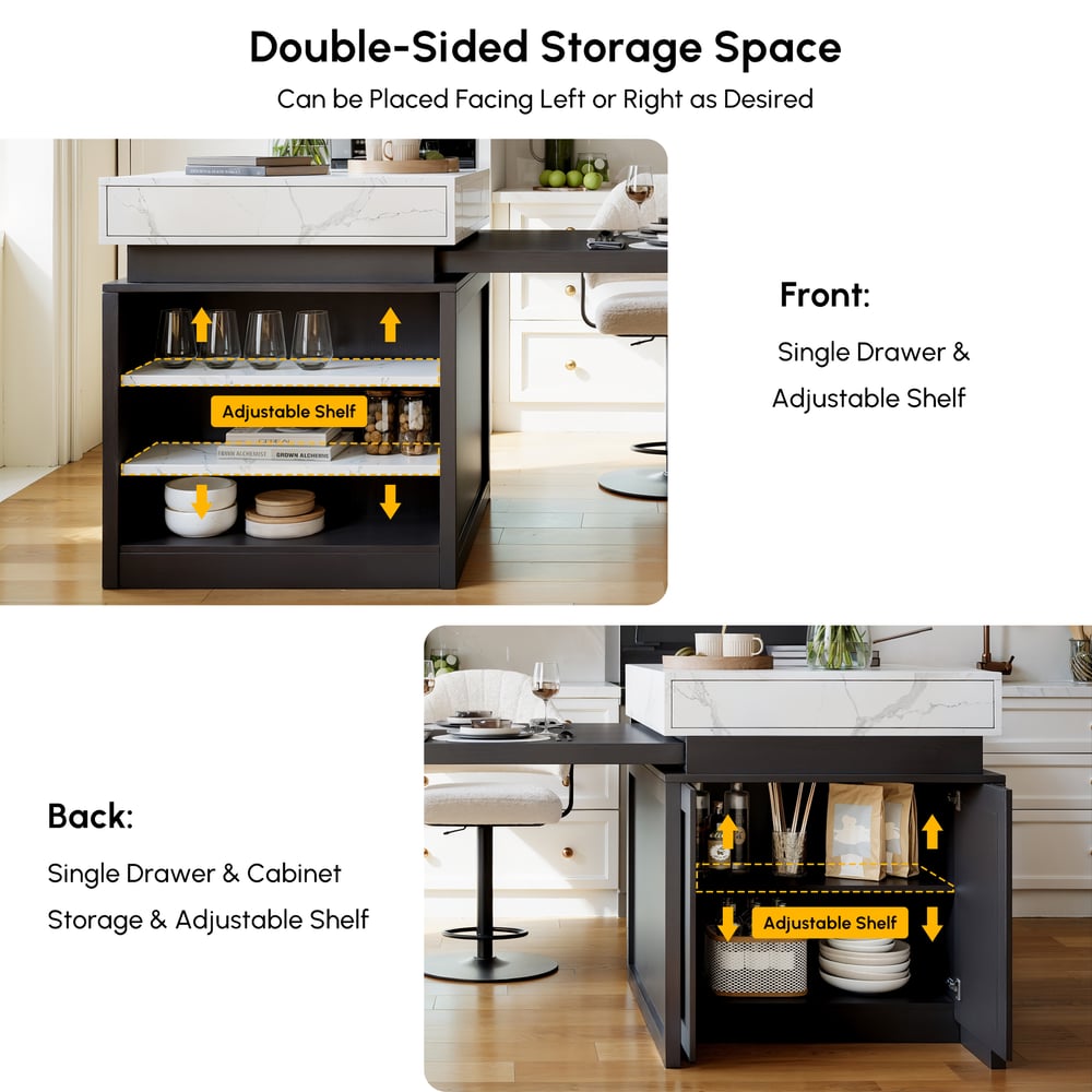 73"-93" Extendable White&Black Kitchen Island with Storage Kitchen Cabinet window image