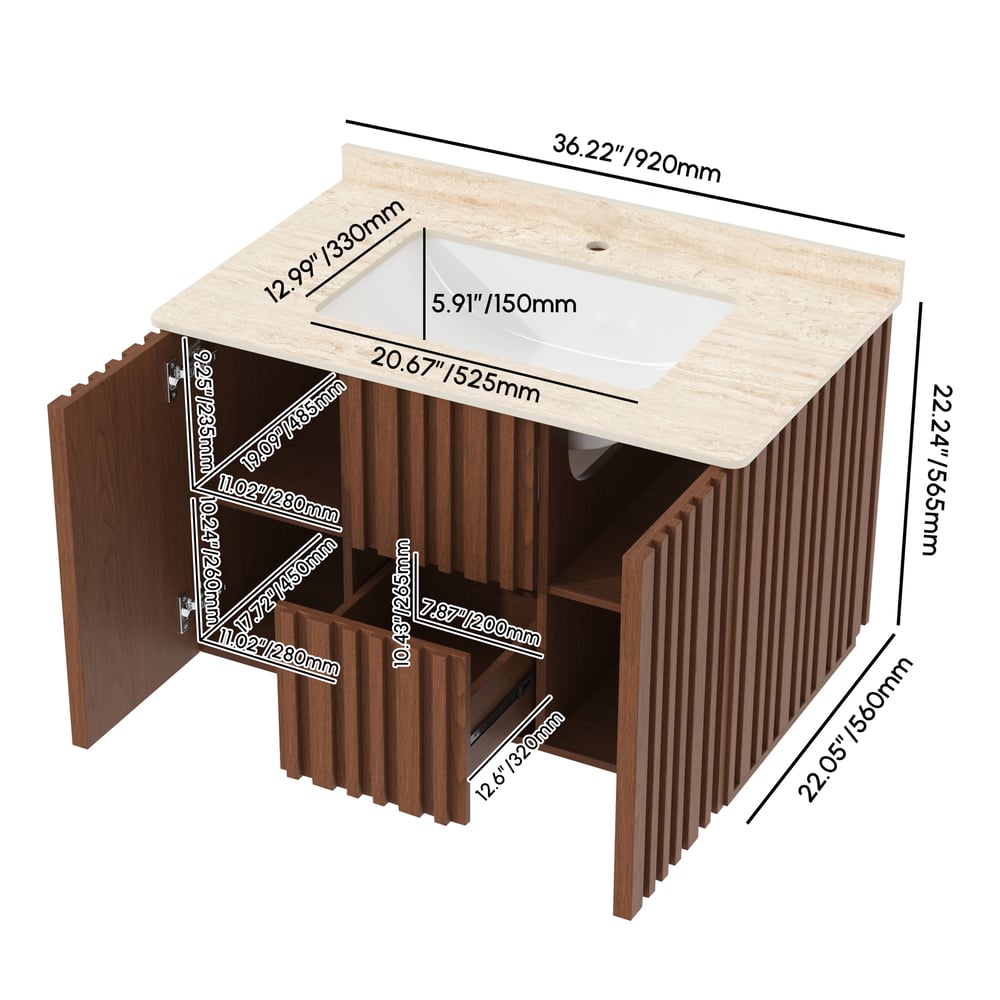 Aura 36" Bathroom Vanity with Light Ash Wood Slatted Panels Faux Travertine Top weights dimensions image