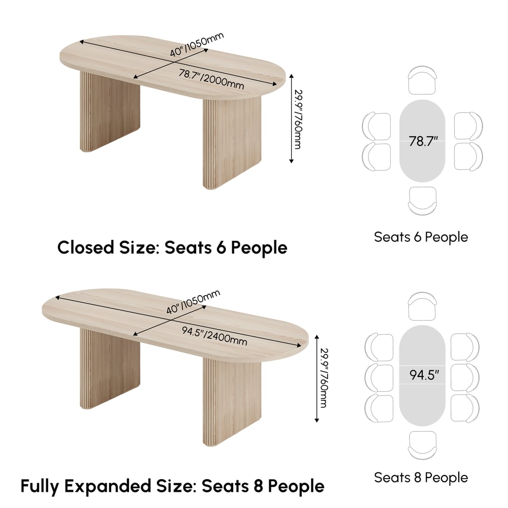 79"-94" Japandi Oval Extendable Dining Table Whitewash Seats 6-8 People weights dimensions image