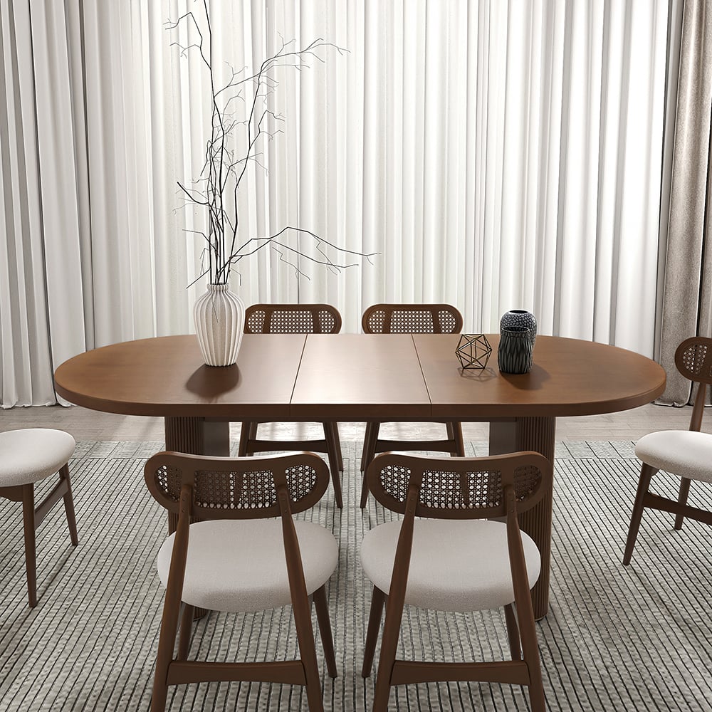 Mesa de comedor extensible ovalada Japandi de 79 a 94 pulgadas, de nogal, con capacidad para 6 a 8 personas Imagen de ventana