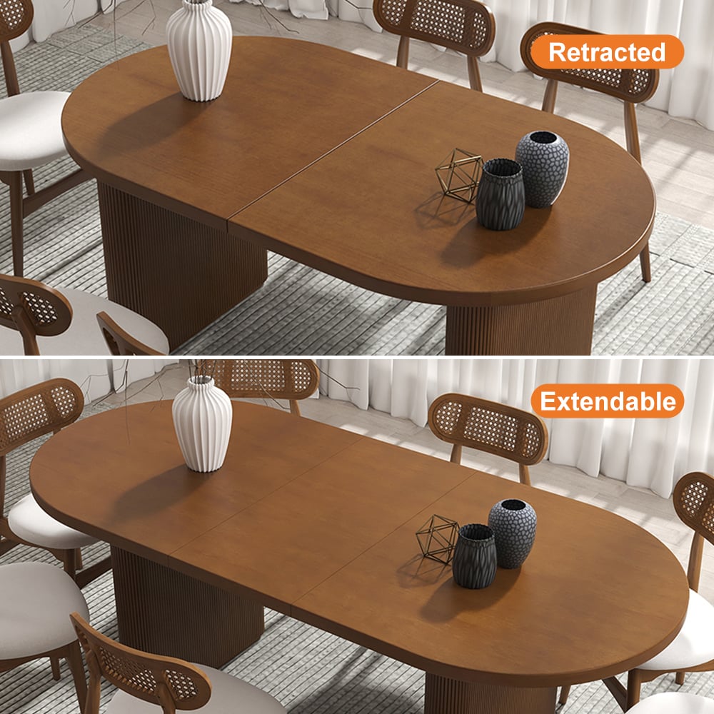 Mesa de comedor extensible ovalada Japandi de 79 a 94 pulgadas, de nogal, con capacidad para 6 a 8 personas Imagen de ventana