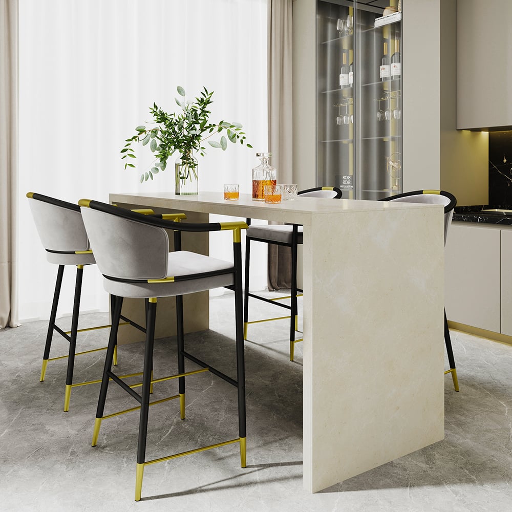 Cadeiras de Bar Modernas da Série Cranis com Estofamento de Veludo Cinza, 4 Peças Imagem da janela