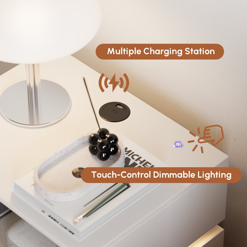 2 bílé inteligentní noční stolky se 2 zásuvkami, světlem a nabíjecí stanicí obrázek okna