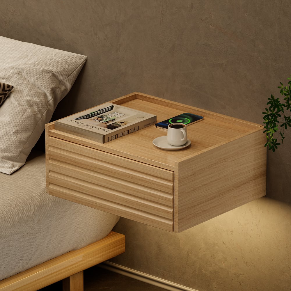 Floating Wooden Nightstand with Light & Charging Station window image