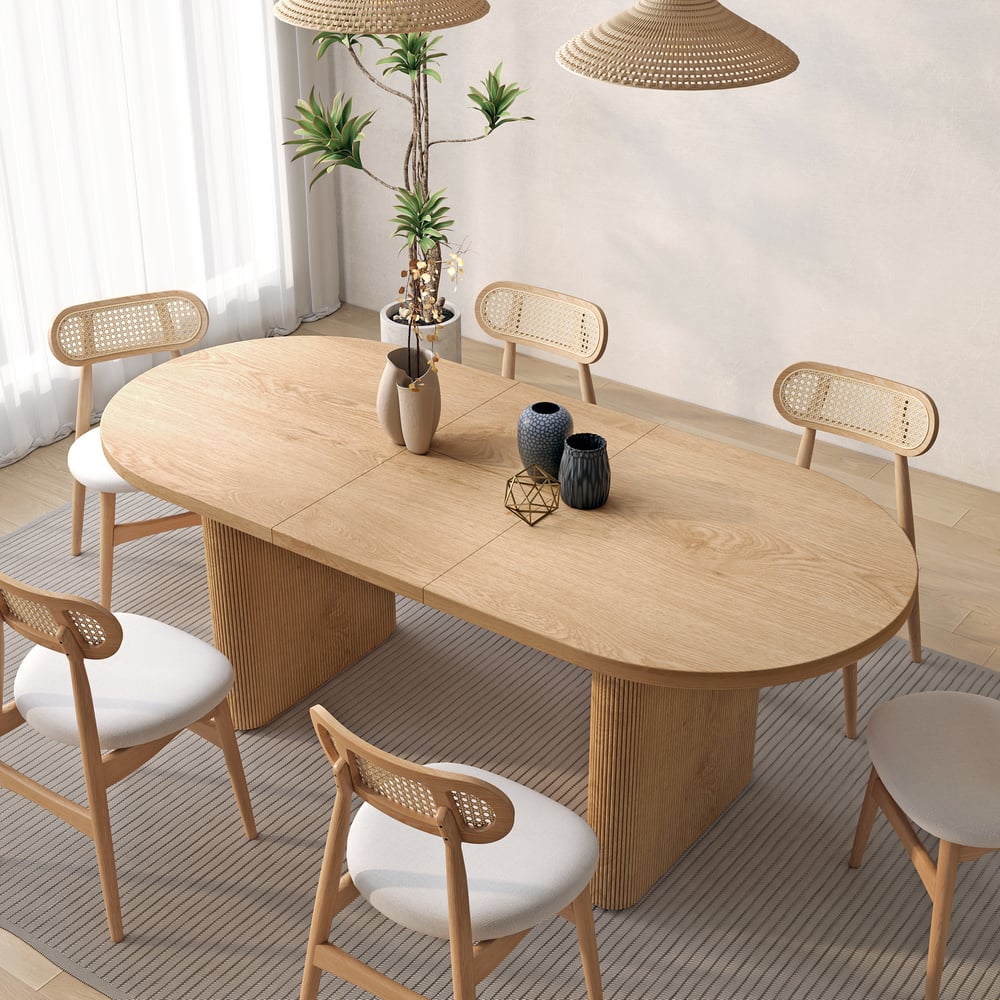 Table à manger ovale extensible Fluve 160-200 cm en bois naturel avec rallonge papillon 4-6 places image de fenêtre