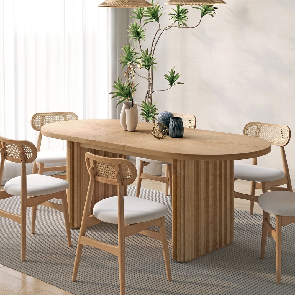 Table à manger ovale extensible Fluve 160-200 cm en bois naturel avec rallonge papillon 4-6 places image de fenêtre