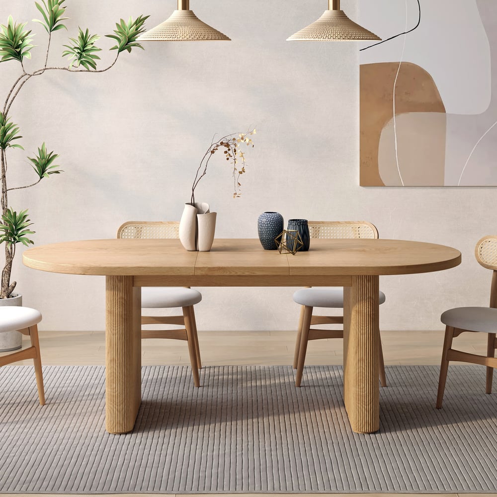 Table à manger ovale extensible Fluve 160-200 cm en bois naturel avec rallonge papillon 4-6 places image de fenêtre