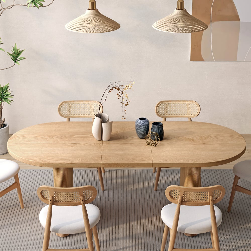 Table à manger ovale extensible Fluve 160-200 cm en bois naturel avec rallonge papillon 4-6 places image de fenêtre