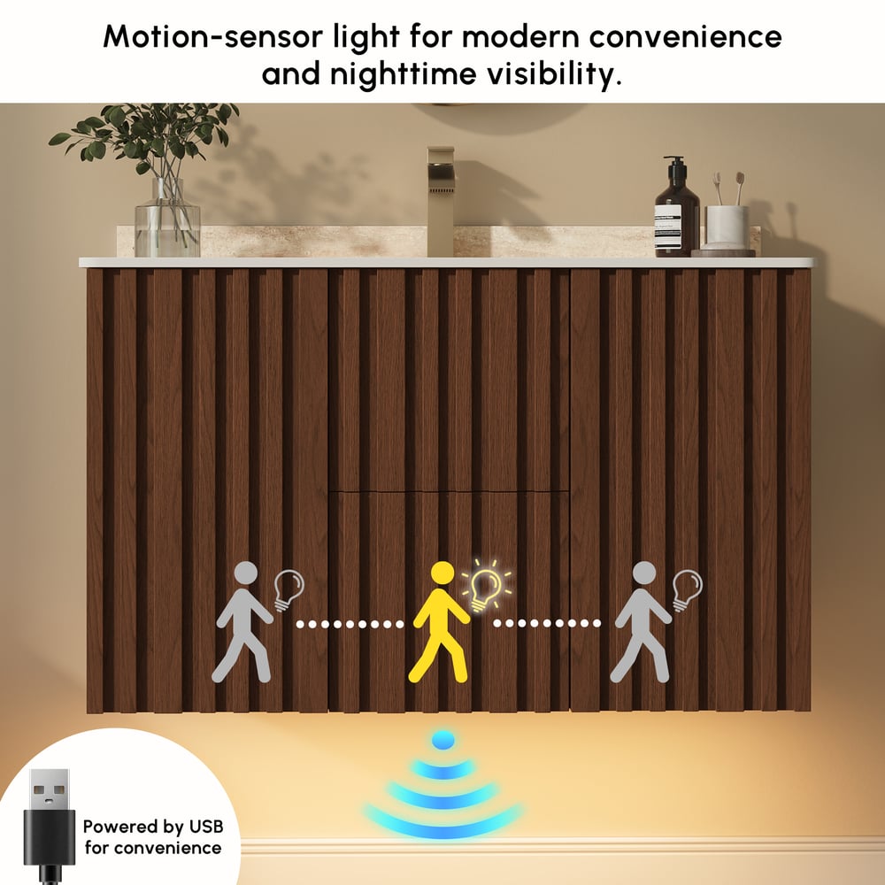 Aura 36" Bathroom Vanity with Light Ash Wood Slatted Panels Faux Travertine Top window image