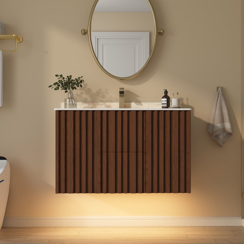 Aura 36" Bathroom Vanity with Light Ash Wood Slatted Panels Faux Travertine Top window image