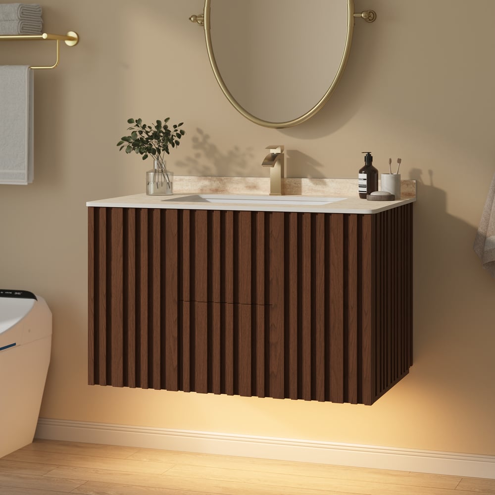 Aura 36" Bathroom Vanity with Light Ash Wood Slatted Panels Faux Travertine Top window image