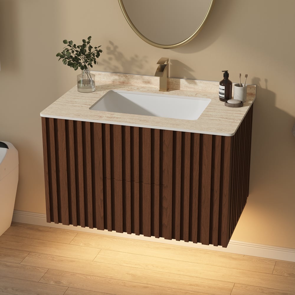 Aura 36" Bathroom Vanity with Light Ash Wood Slatted Panels Faux Travertine Top window image