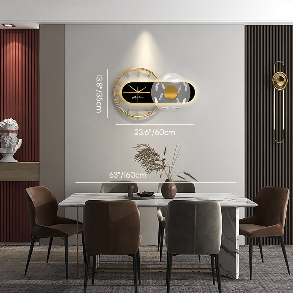Relógio de parede silencioso moderno de metal geométrico LED preto e dourado de 23,6" Imagem com pesos e dimensões