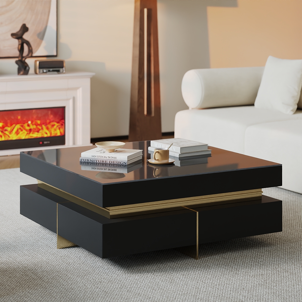Black Modern Square Coffee Table with Drawers Tempered Glass Top & Metal Legs window image