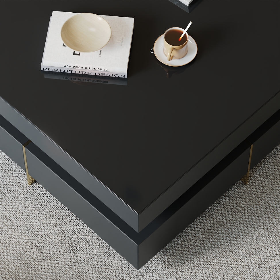 Black Modern Square Coffee Table with Drawers Tempered Glass Top & Metal Legs window image