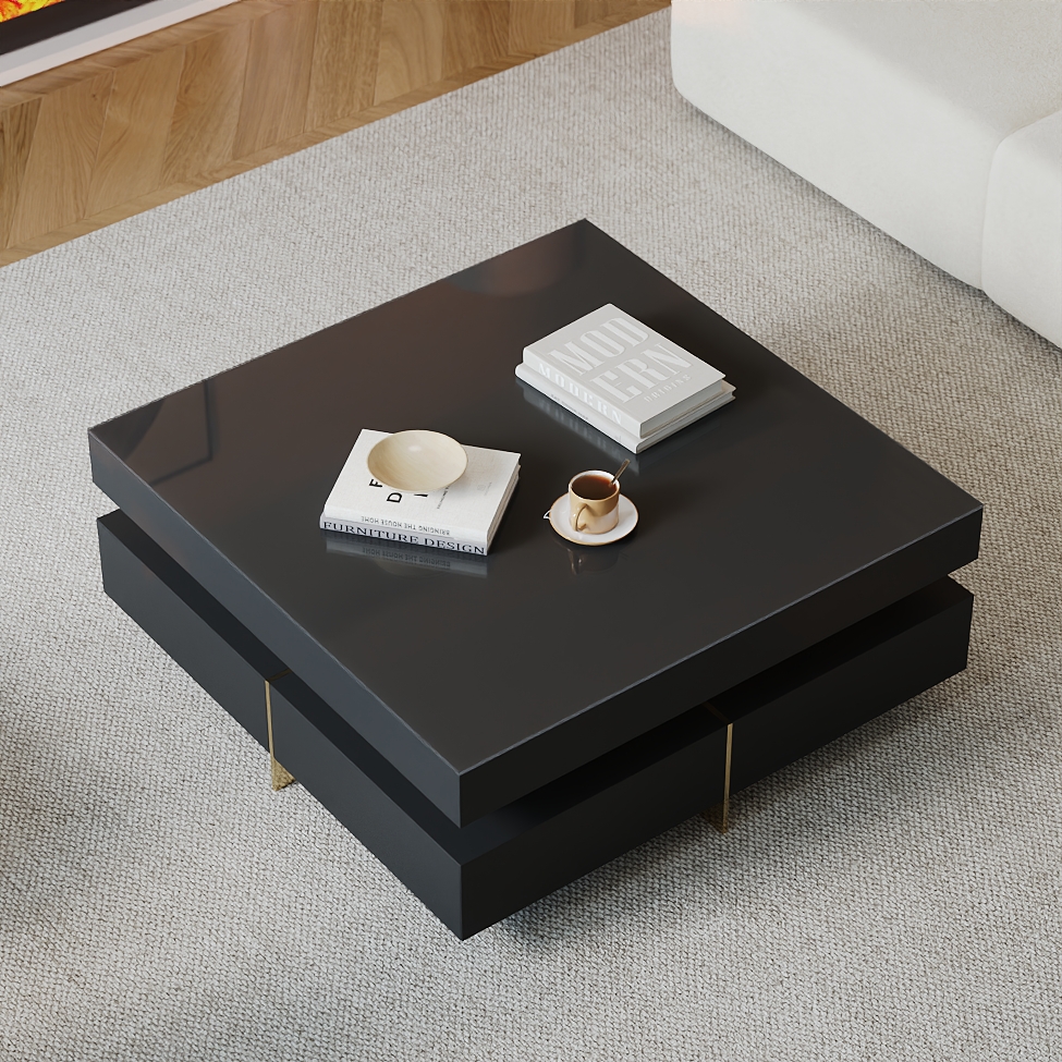 Black Modern Square Coffee Table with Drawers Tempered Glass Top & Metal Legs window image
