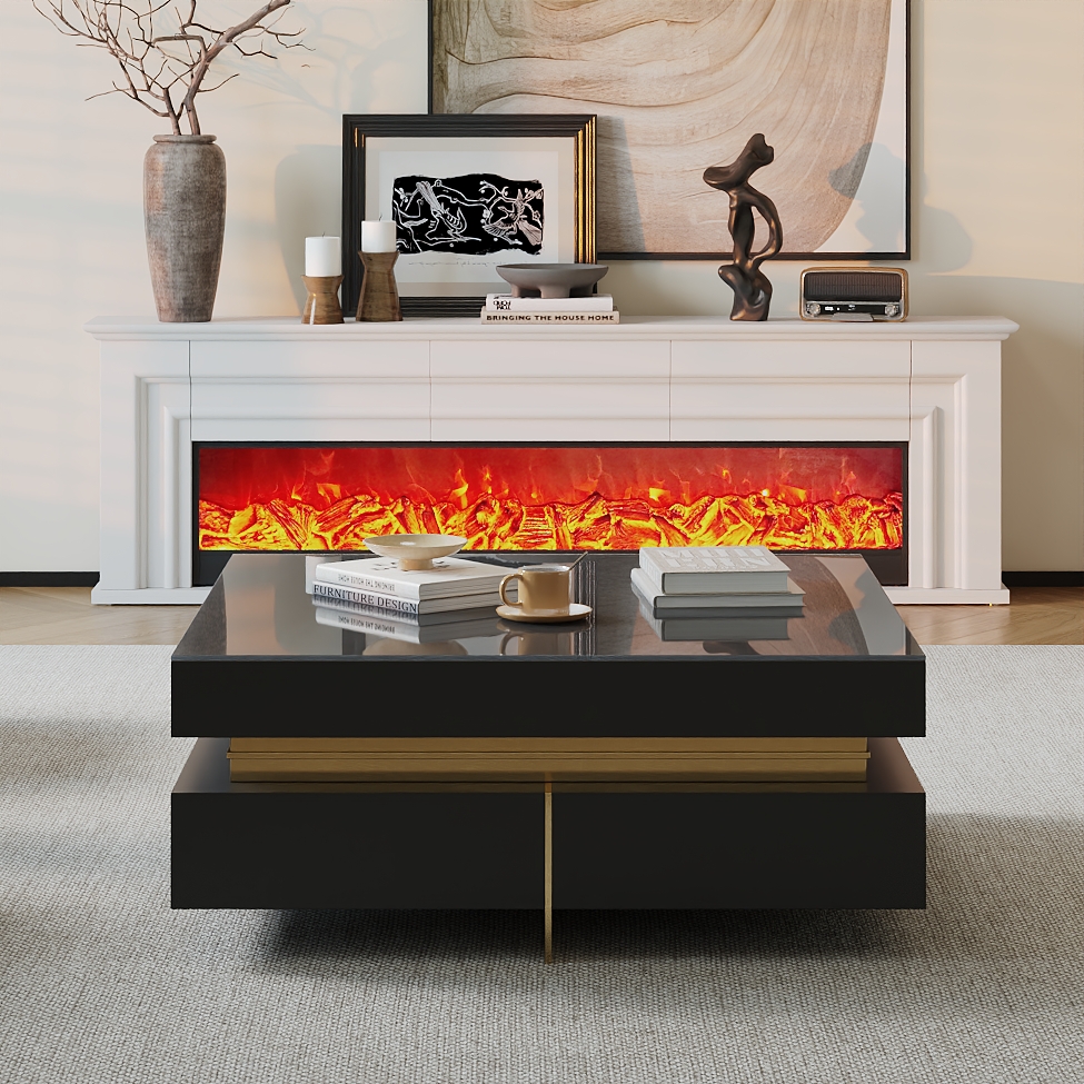 Black Modern Square Coffee Table with Drawers Tempered Glass Top & Metal Legs window image