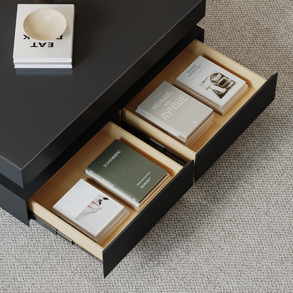 Black Modern Square Coffee Table with Drawers Tempered Glass Top & Metal Legs window image