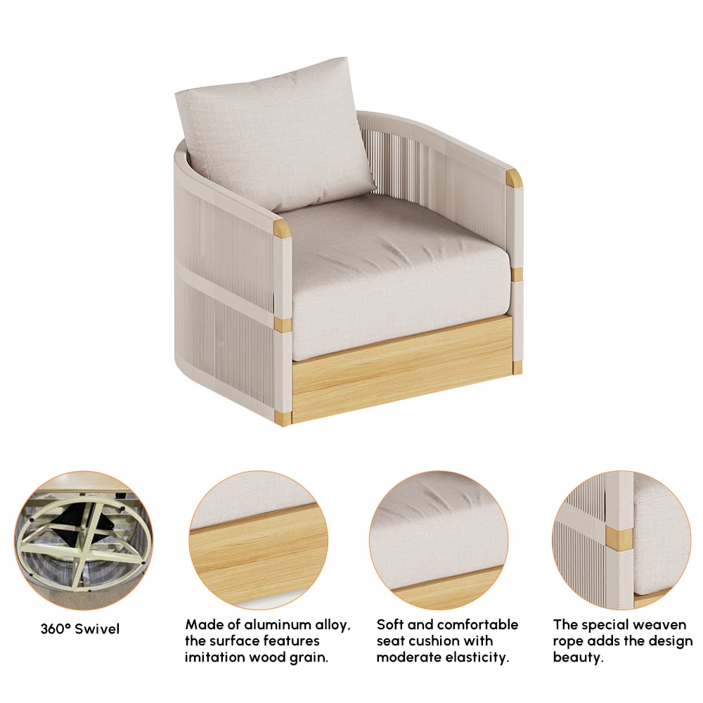 4 Pieces Modern Aluminum & Rope Outdoor Swivel Sofa Set with Coffee Table in Khaki for 6 window image