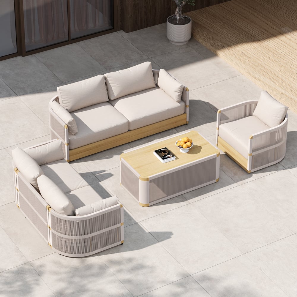 4 Pieces Modern Aluminum & Rope Outdoor Swivel Sofa Set with Coffee Table in Khaki for 6 window image