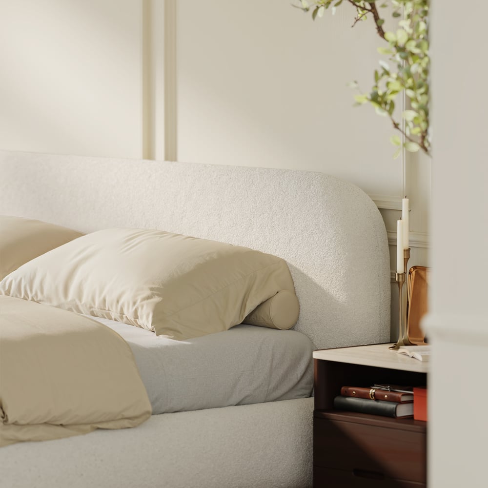 Modern Boucle Upholstered Bed with Charging Station & Fluted Base window image