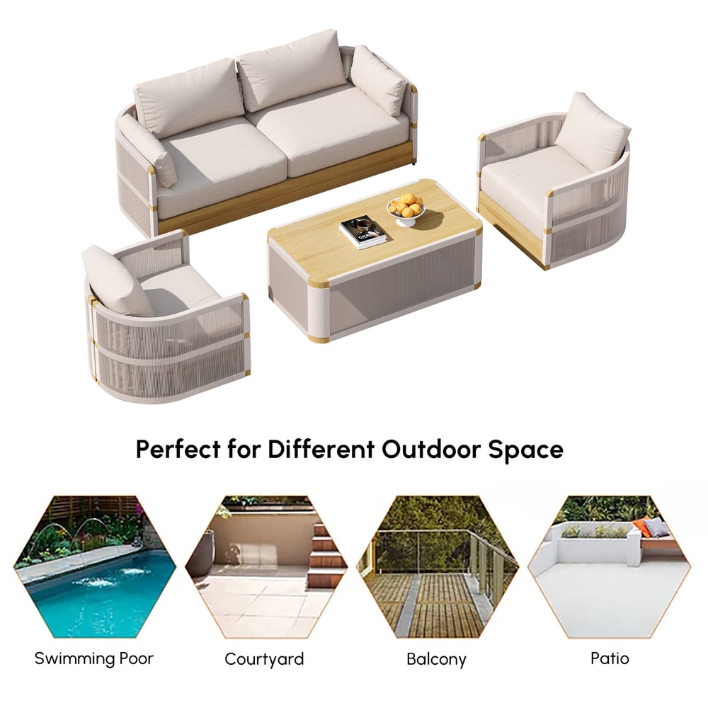 4-Pieces Modern Aluminum & Rope Outdoor Sofa Set with Coffee Table in Khaki for 4 window image