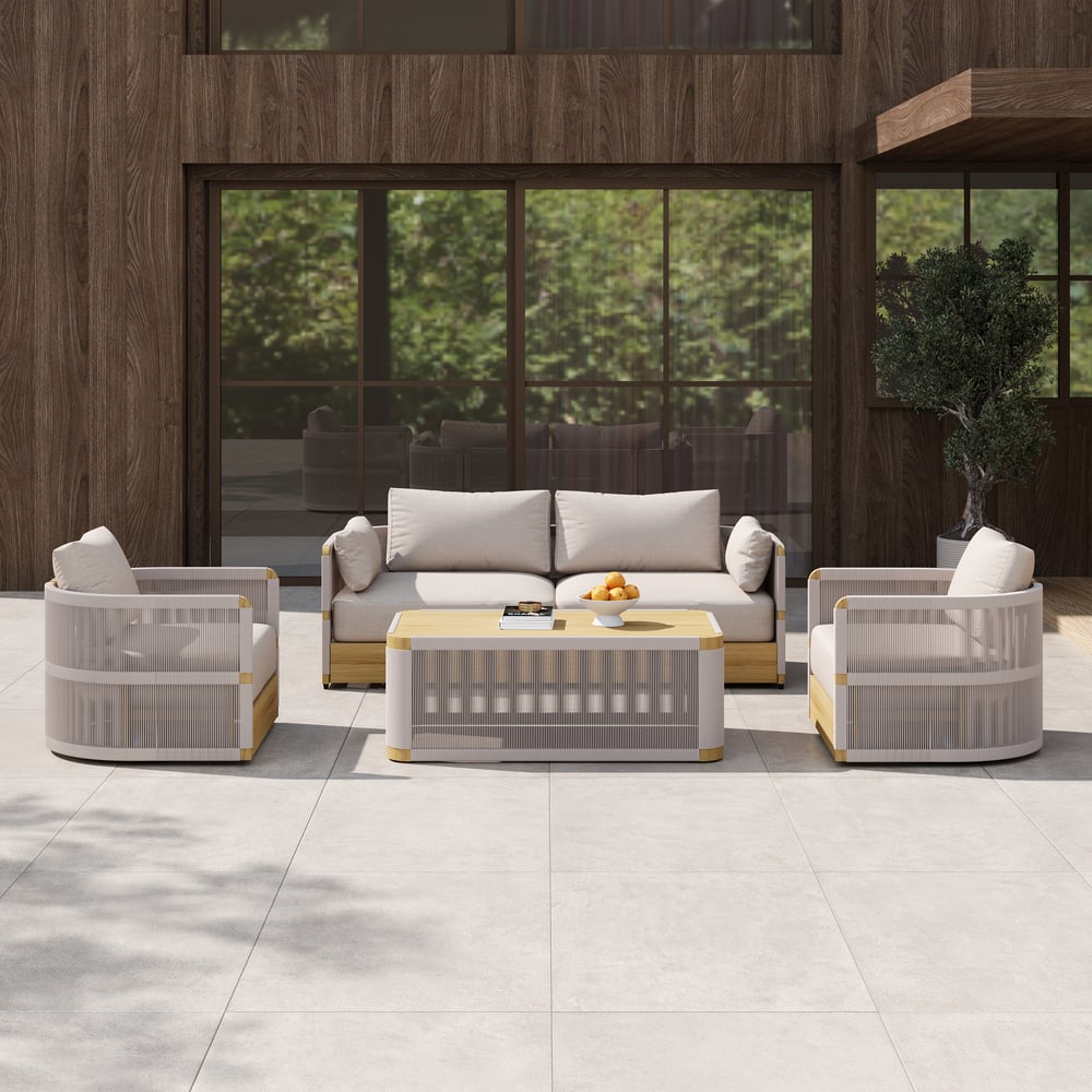 4-Pieces Modern Aluminum & Rope Outdoor Sofa Set with Coffee Table in Khaki for 4 window image