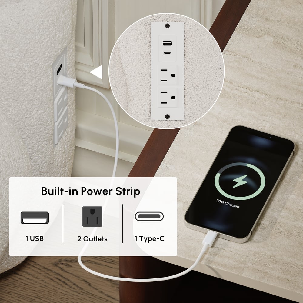 Modern Boucle Upholstered Bed with Charging Station & Fluted Base window image