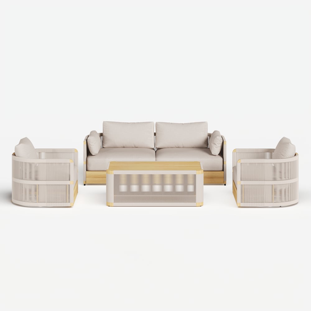 4-Pieces Modern Aluminum & Rope Outdoor Sofa Set with Coffee Table in Khaki for 4 window image