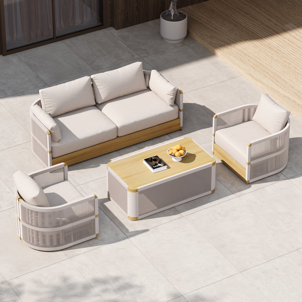 4-Pieces Modern Aluminum & Rope Outdoor Sofa Set with Coffee Table in Khaki for 4 window image