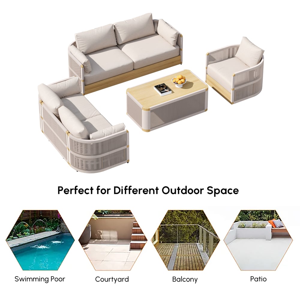 4 Pieces Modern Aluminum & Rope Outdoor Swivel Sofa Set with Coffee Table in Khaki for 6 window image