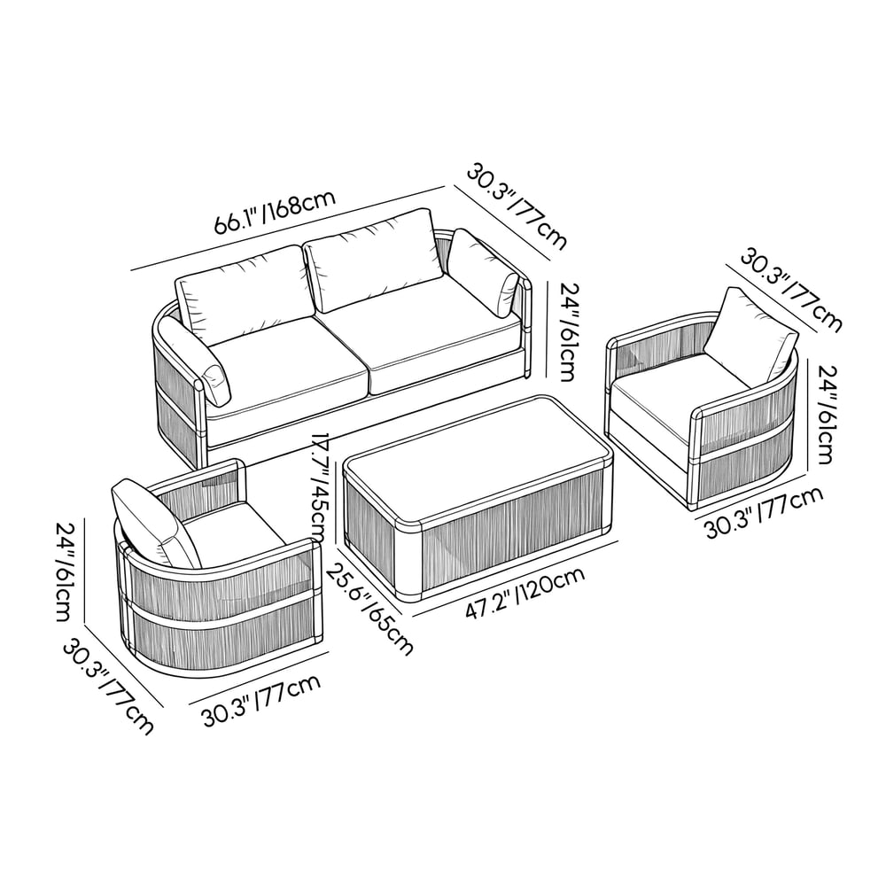 4-Pieces Modern Aluminum & Rope Outdoor Sofa Set with Coffee Table in Khaki for 4 weights dimensions image