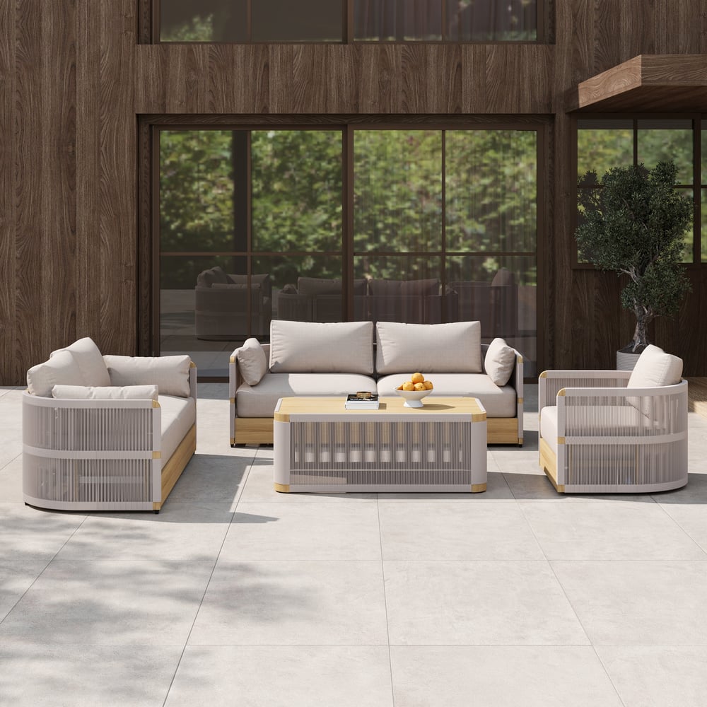 4 Pieces Modern Aluminum & Rope Outdoor Swivel Sofa Set with Coffee Table in Khaki for 6 window image