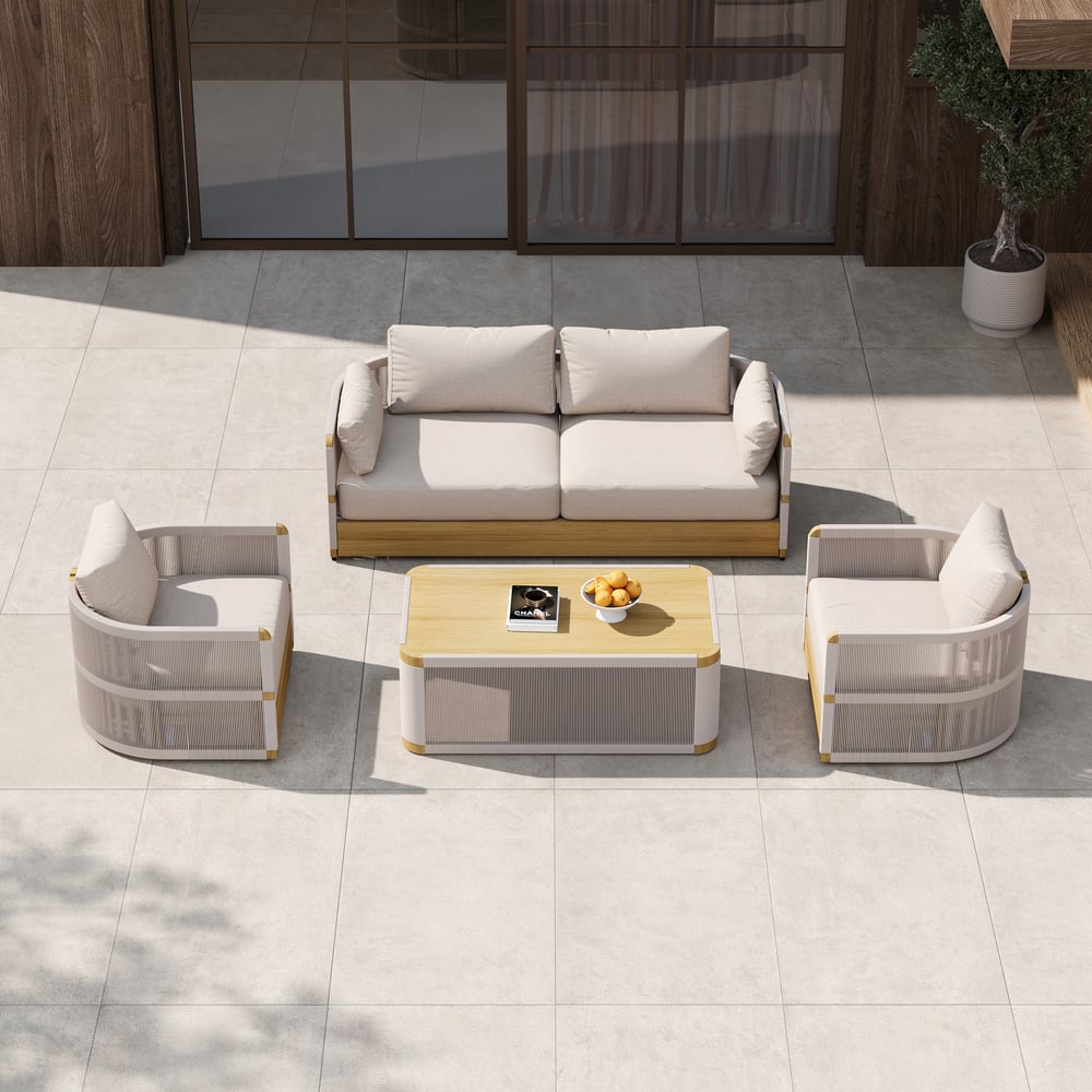 4-Pieces Modern Aluminum & Rope Outdoor Sofa Set with Coffee Table in Khaki for 4 window image