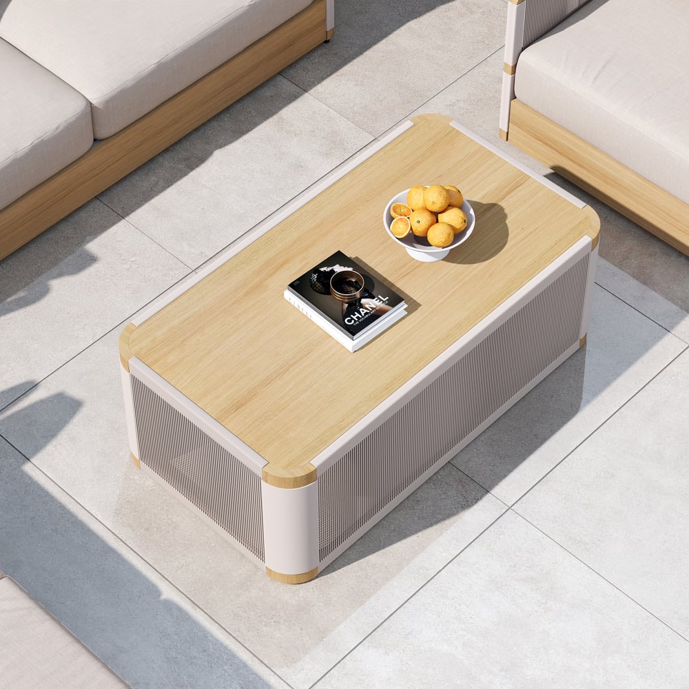 4 Pieces Modern Aluminum & Rope Outdoor Swivel Sofa Set with Coffee Table in Khaki for 6 window image