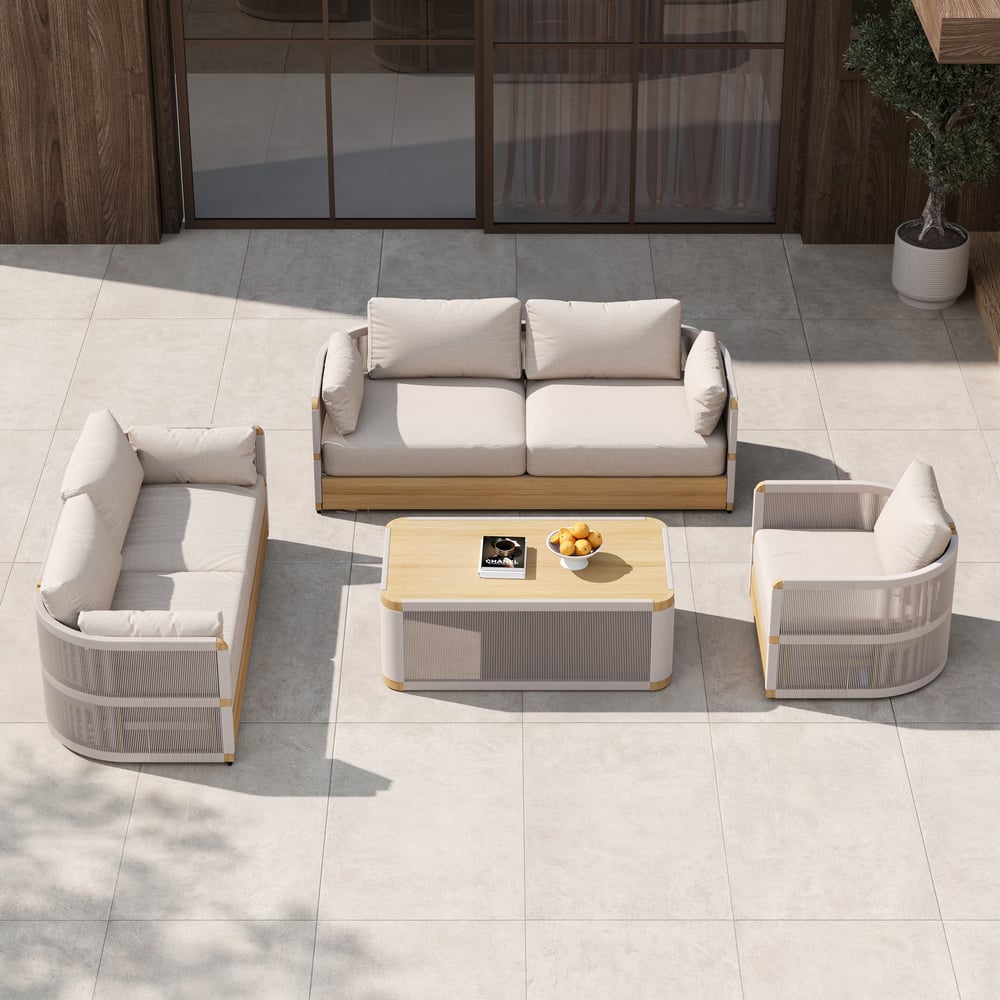 4 Pieces Modern Aluminum & Rope Outdoor Swivel Sofa Set with Coffee Table in Khaki for 6 window image