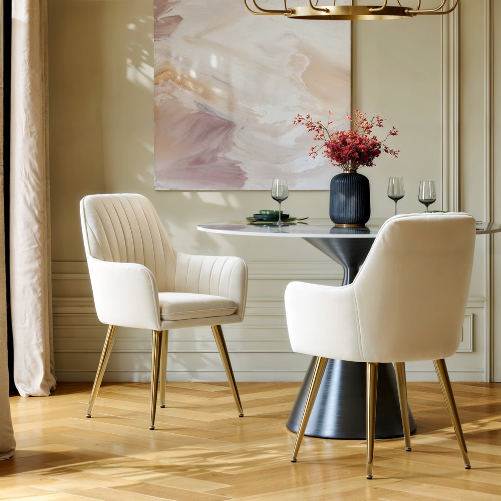 Modern Dining Chair Beige Velvet Upholstered Dining Chairs with Arms 6 Pieces window image