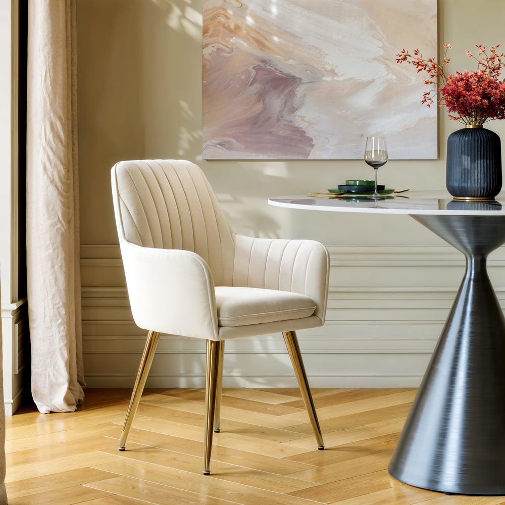 Modern Dining Chair Beige Velvet Upholstered Dining Chairs with Arms 6 Pieces window image