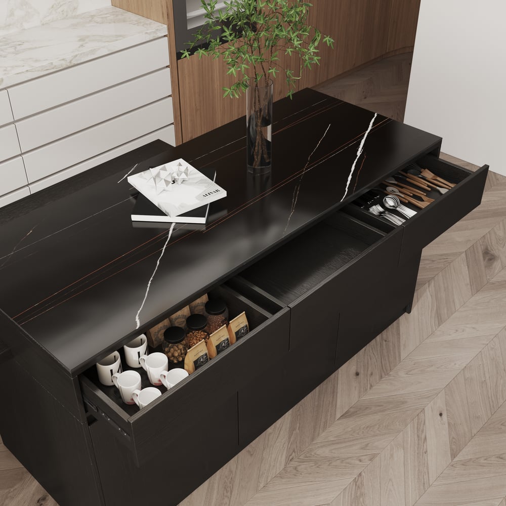 2050mm-2680mm Extendable Kitchen lsland with Doors&Drawers Black Sintered Stone Top window image