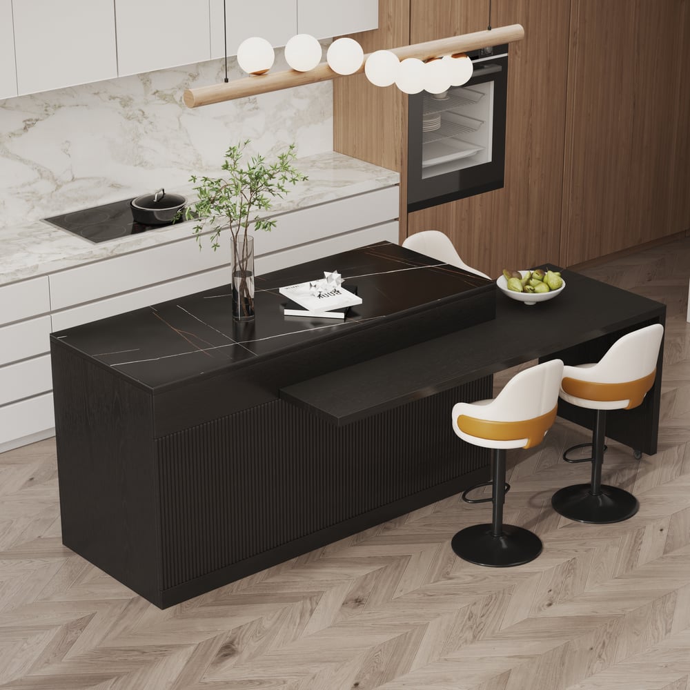 2050mm-2680mm Extendable Kitchen lsland with Doors&Drawers Black Sintered Stone Top window image