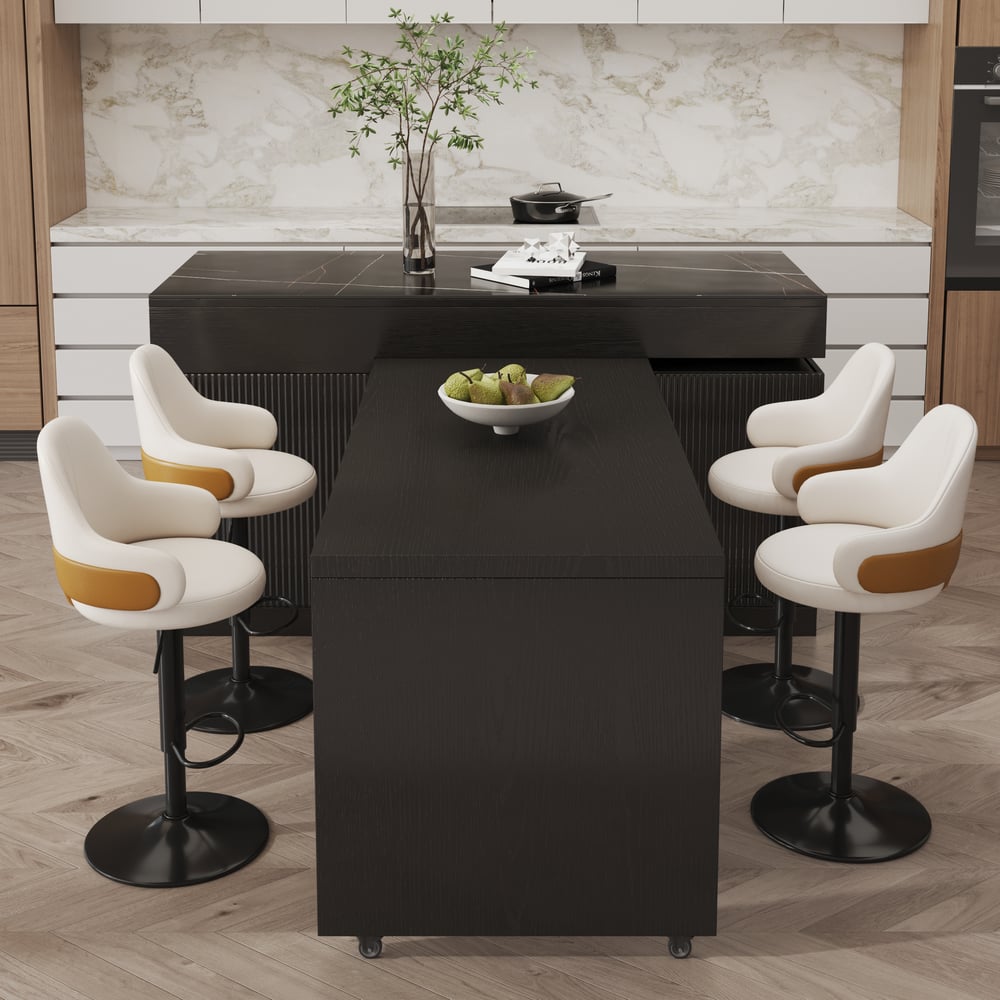 2050mm-2680mm Extendable Kitchen lsland with Doors&Drawers Black Sintered Stone Top window image