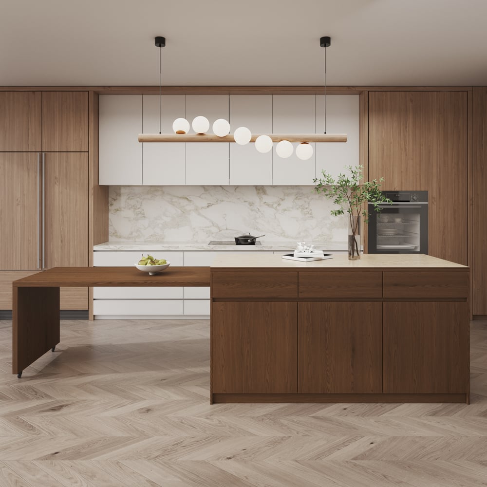 81''-106" Extendable Kitchen Island with Doors & Drawers Walnut Sintered Stone Top window image