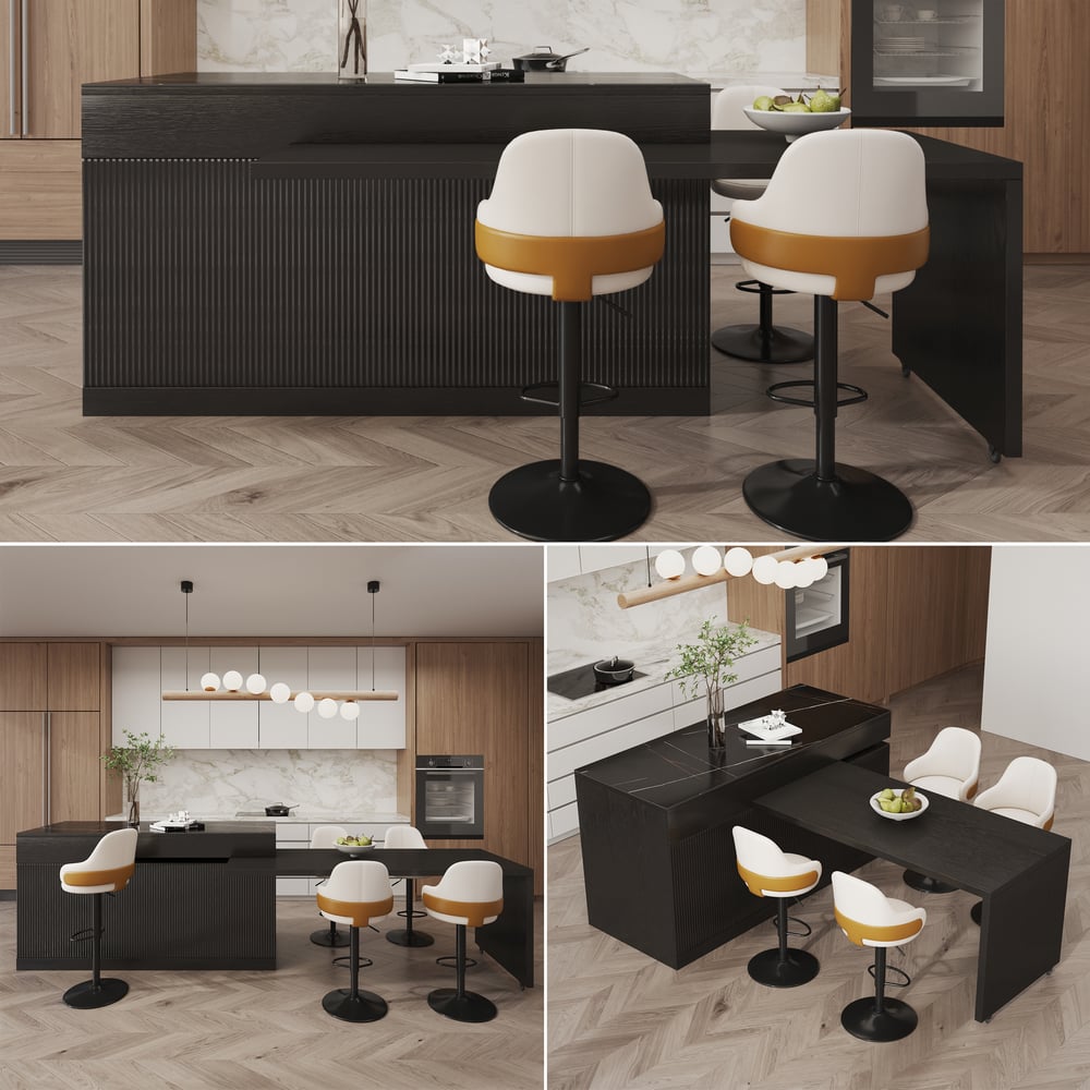 2050mm-2680mm Extendable Kitchen lsland with Doors&Drawers Black Sintered Stone Top window image