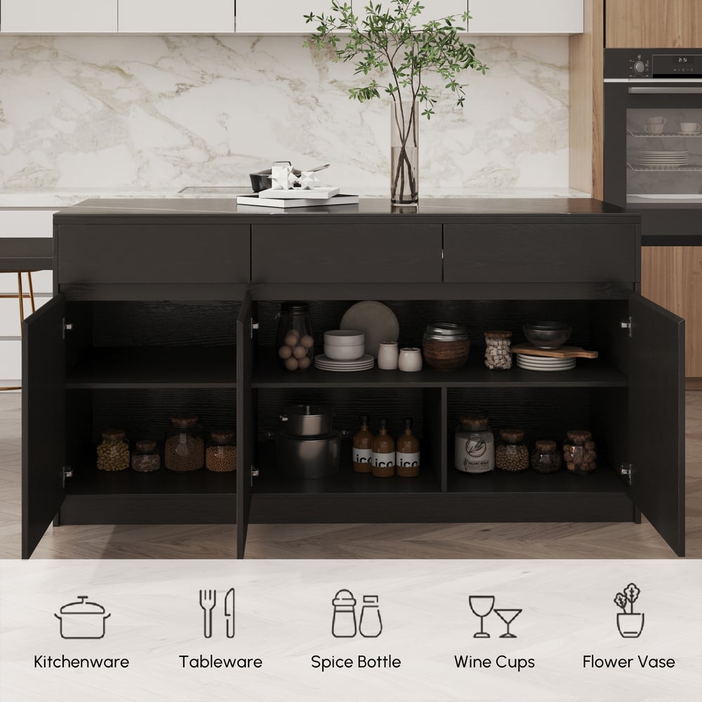 2050mm-2680mm Extendable Kitchen lsland with Doors&Drawers Black Sintered Stone Top window image