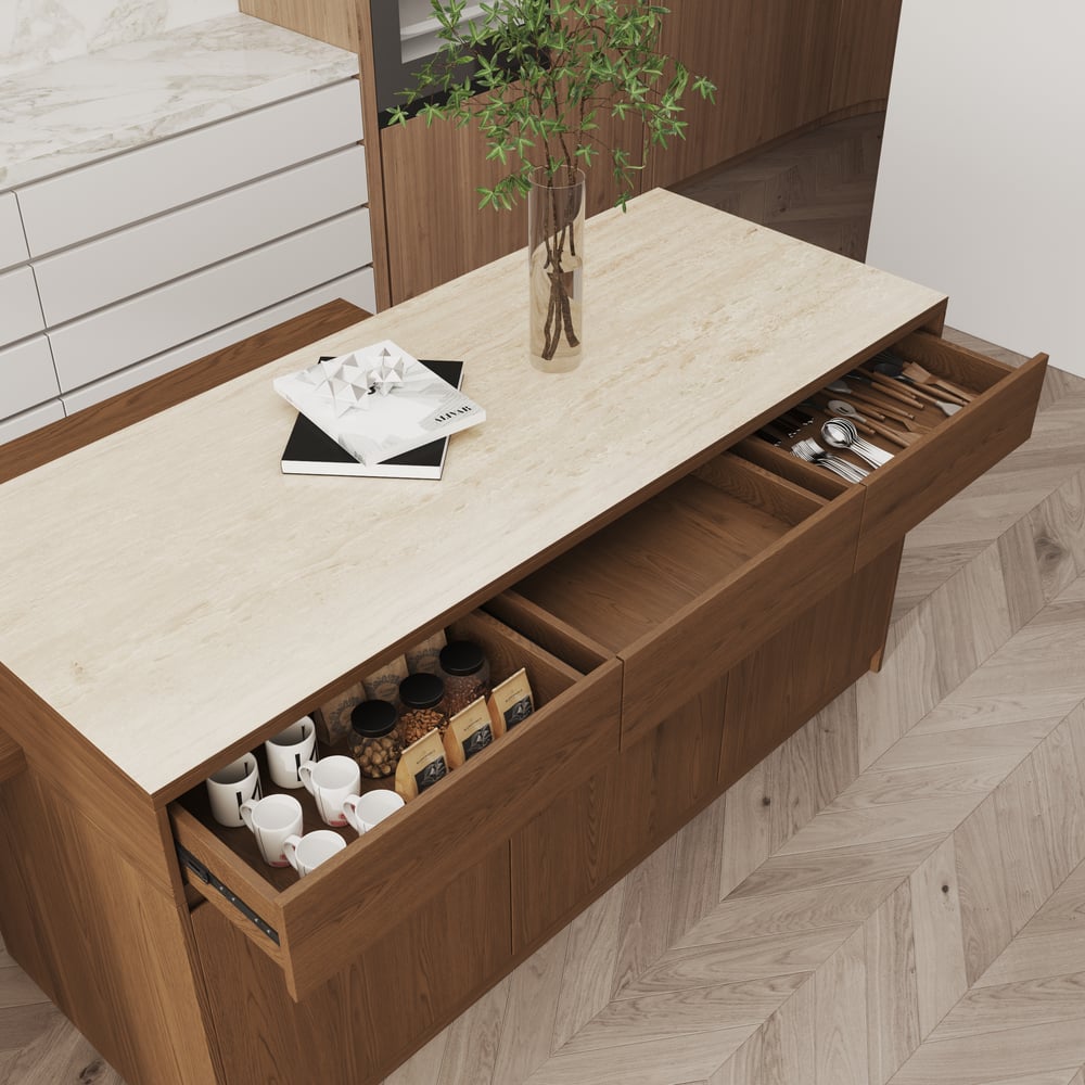 81''-106" Extendable Kitchen Island with Doors & Drawers Walnut Sintered Stone Top window image