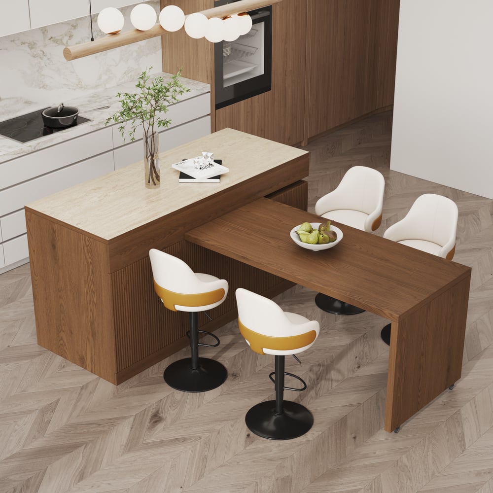 81''-106" Extendable Kitchen Island with Doors & Drawers Walnut Sintered Stone Top window image