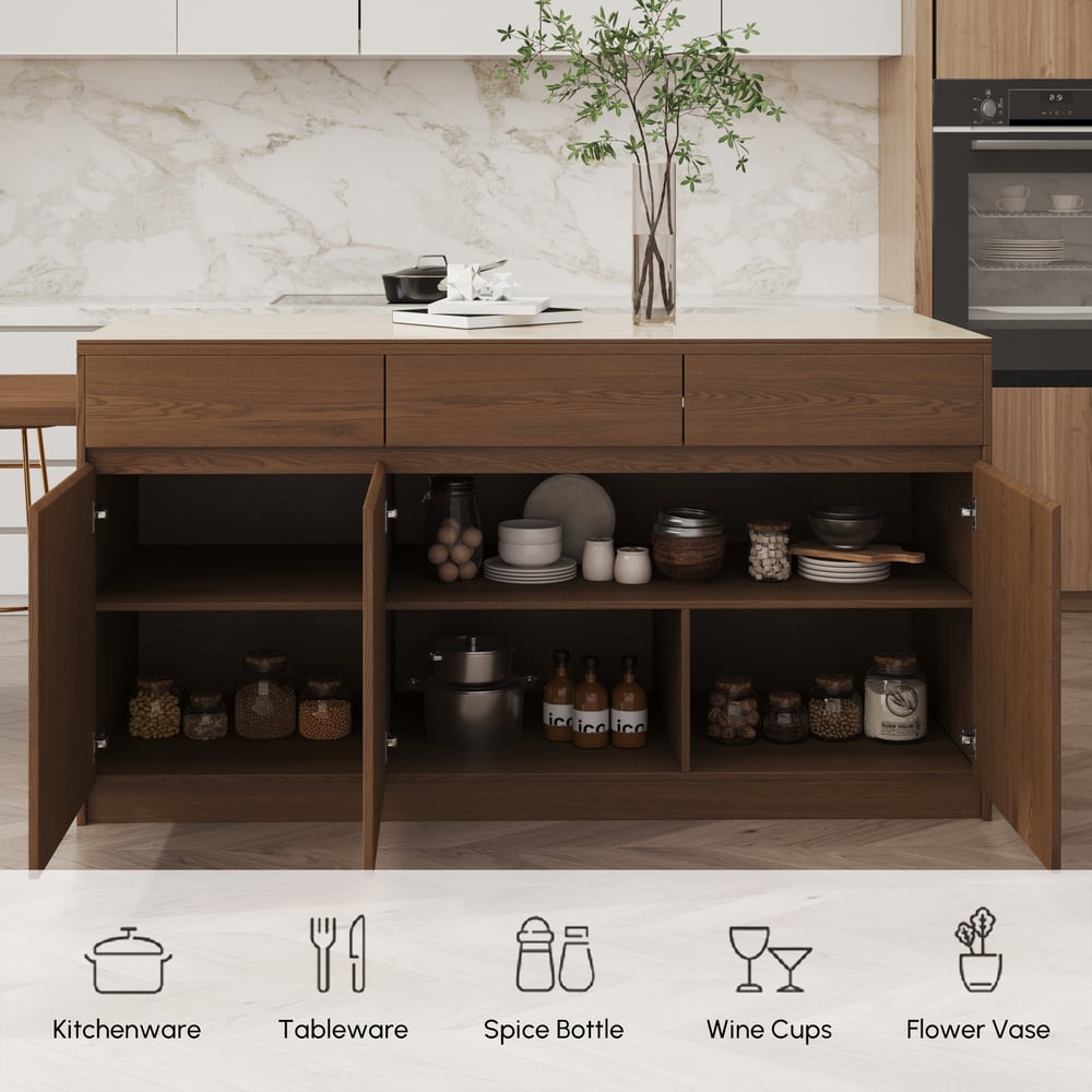 81''-106" Extendable Kitchen Island with Doors & Drawers Walnut Sintered Stone Top window image