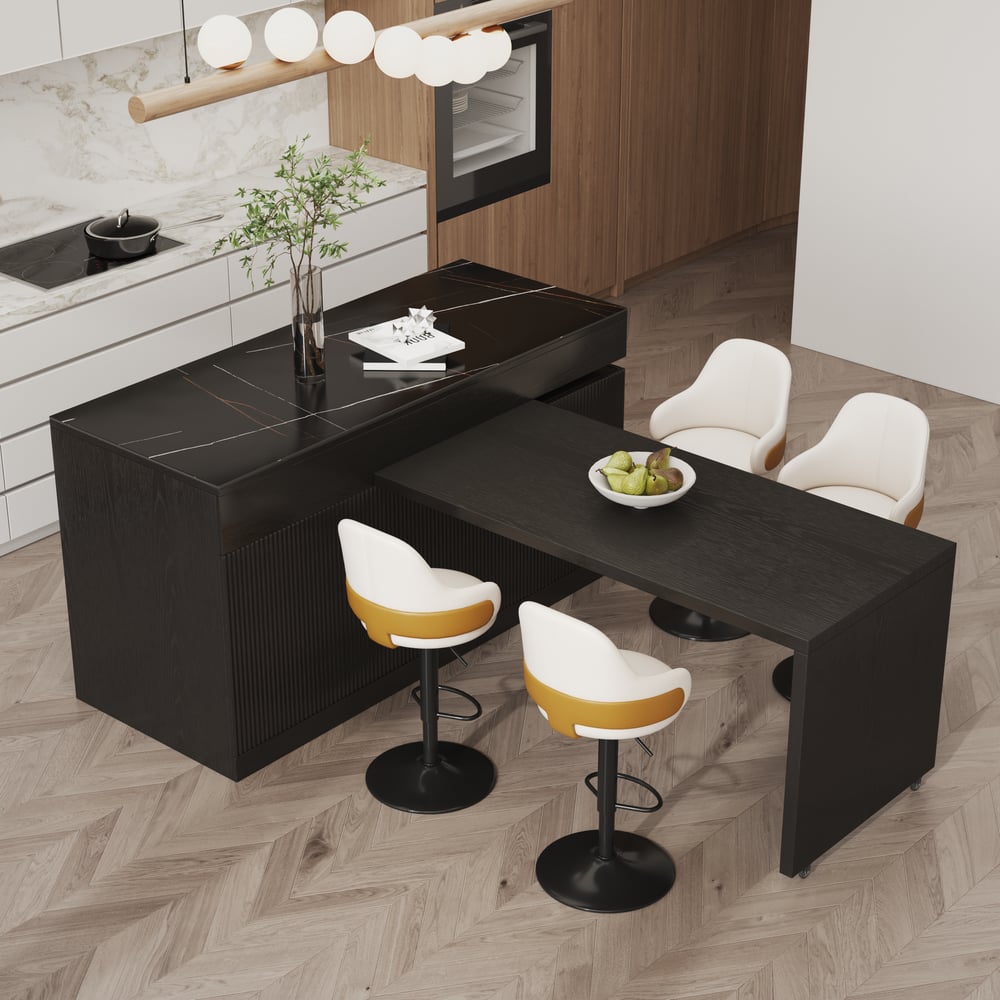 2050mm-2680mm Extendable Kitchen lsland with Doors&Drawers Black Sintered Stone Top window image