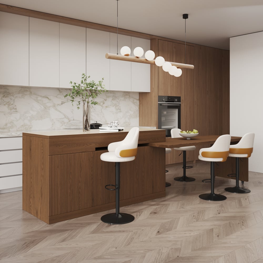 81''-106" Extendable Kitchen Island with Doors & Drawers Walnut Sintered Stone Top window image