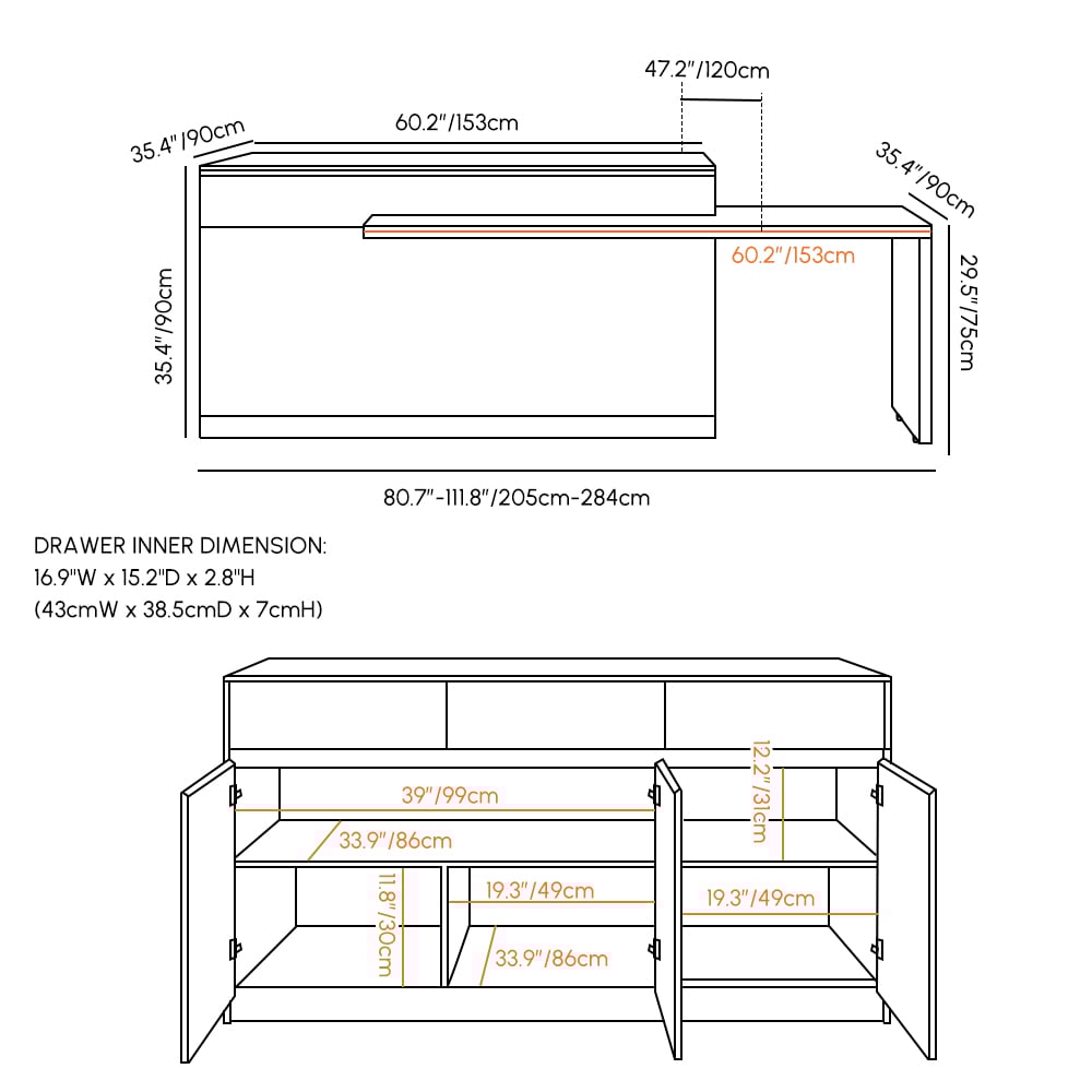 Îlot de cuisine moderne extensible en pierre frittée de 81 à 106 pouces avec portes et tiroirs Poids, dimensions, image